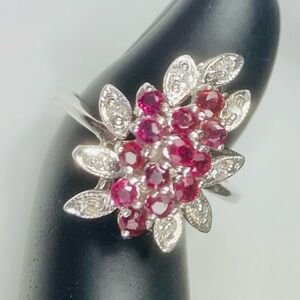 Silver and Red Gemstone Floral Ring